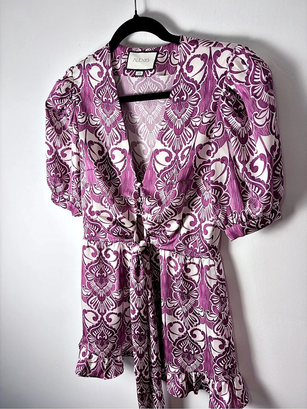 ALEXIS Purple Ivory Printed Puff Sleeve Tie Waist Mini Dress XS